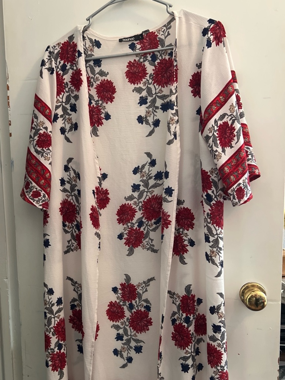 Boohoo White Floral Open Kimono with Red & Navy Print
